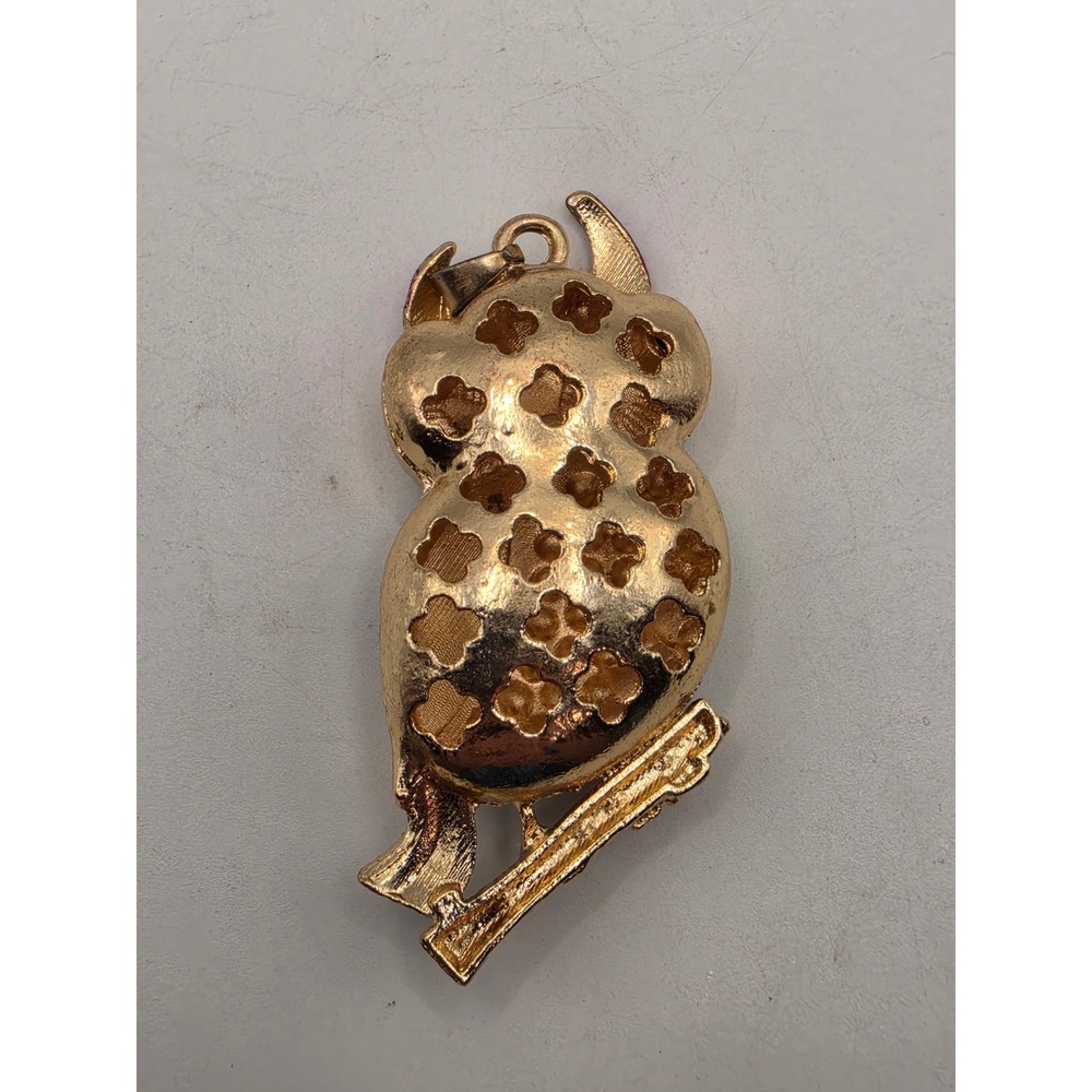 Gold Tone Multi Color Rhinestone Owl Pendant Horned Bird Statement Jewelry - Picture 3 of 3